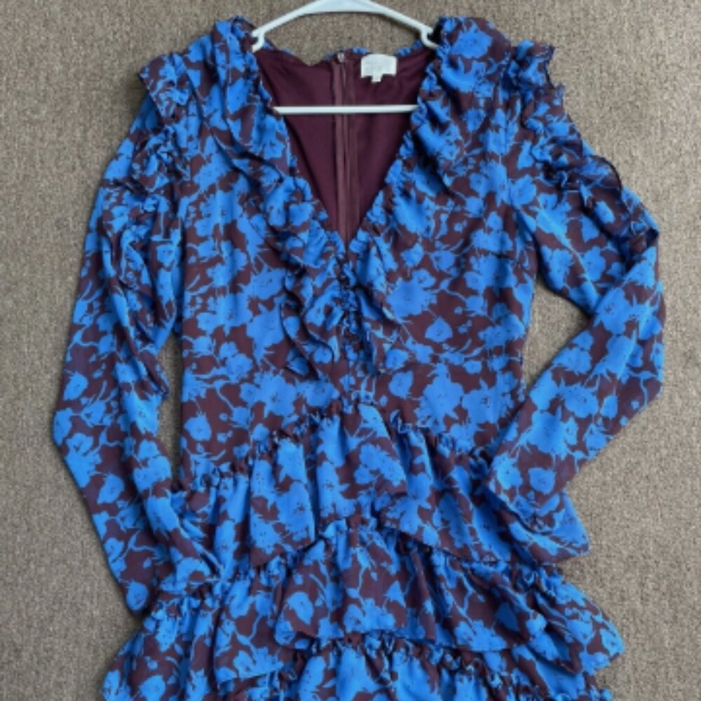 Dee Elly Floral Ruffle Mini Dress, Blue/Brown, Small